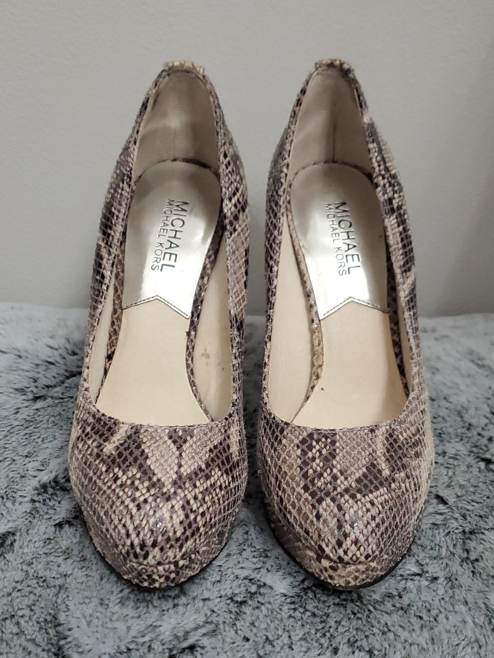 Michael Kors Snake-Print Platform Heels in Taupe and Beige